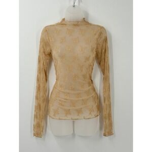 Floral Lace Sheer layering top womens M Mesh Mock Neck Lux Cottage Lady Shabby